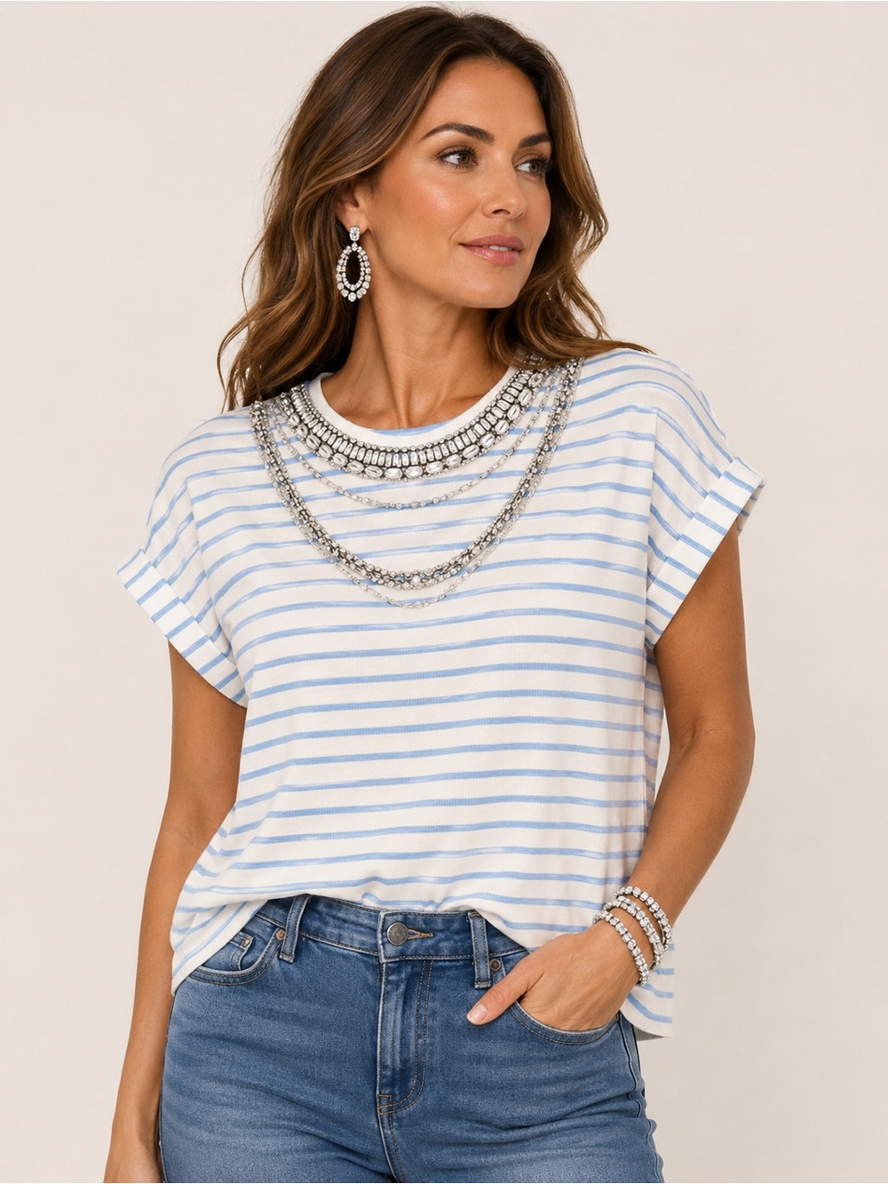 Cream & Blue  Ribbed Stripe Top with Rhinestone Embellished Neckline